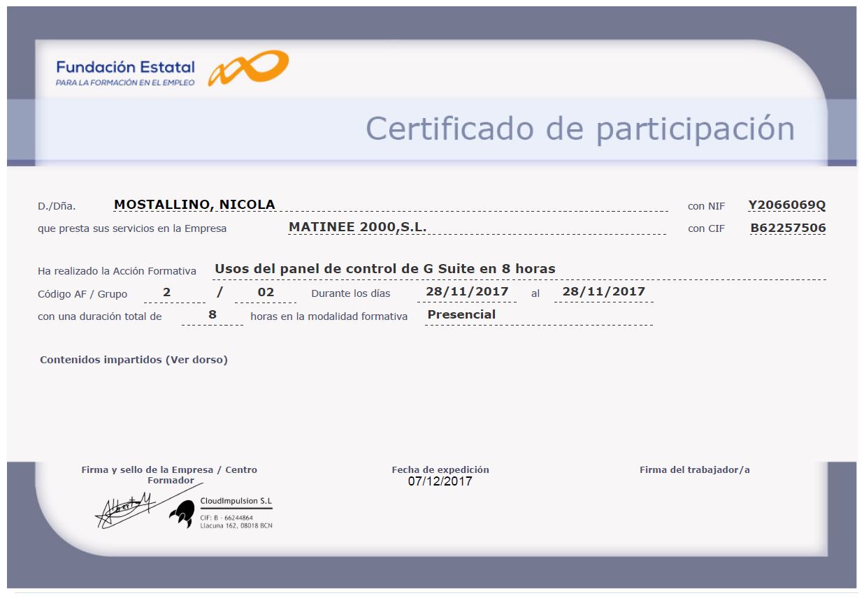 Certificado G-suite Nicola Mostallino